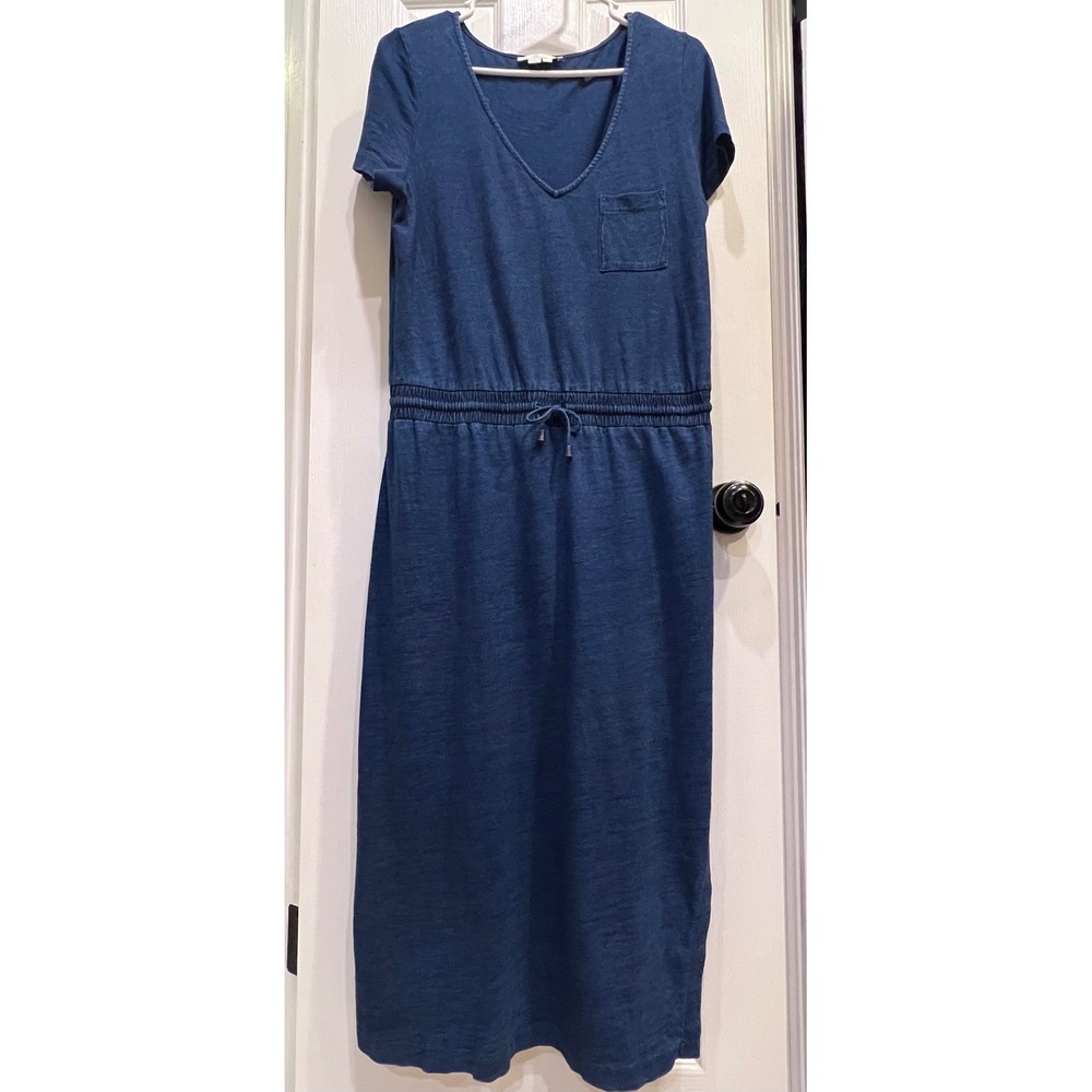 Boden Blue Cotton V-Neck Drawstring Waist Midi Dress US 8R Short Sleeve Pocket